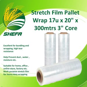 shefa stretch film pallet wrap 17u x 20" x 300mtrs, 3" core, 1 roll